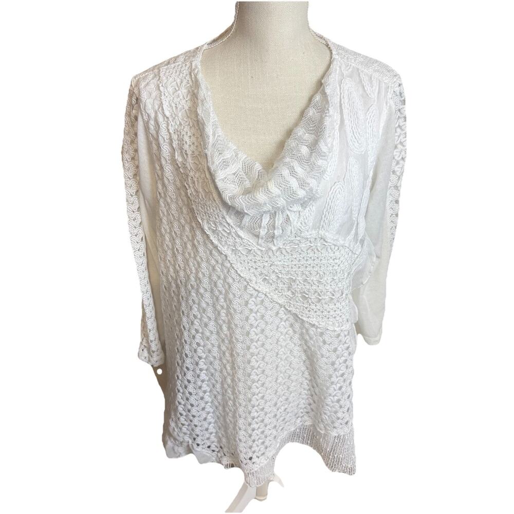 Ali Miles White Crochet Cowl Neck Top Blouse Tunic Multi-Textured Lace Size 1X